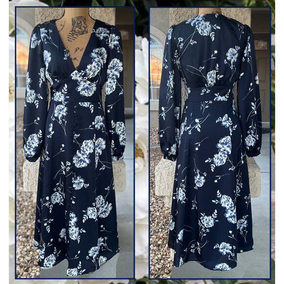 Lulus Navy Blue Button Detail Floral Midi Dress Size: Xlarge - Picture 7 of 11
